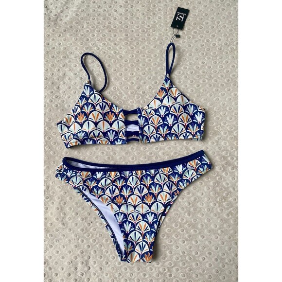 Mermaid Print Women’s 2 Piece Bikini Swimsuit Open Back Adjustable Straps Sz L - Picture 3 of 7